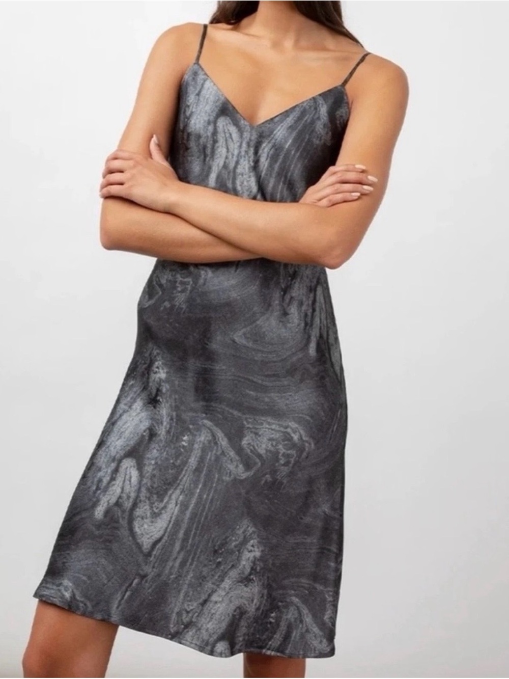 Rails Dark Marble Print V-Neck Kayla Slip Dress Charcoal Grey Size Small